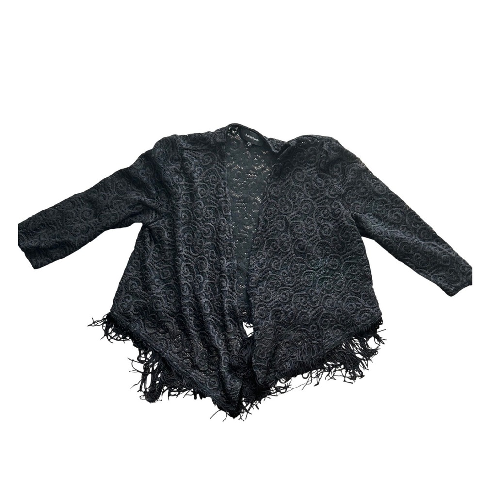 R&M Richards Womens Black Lace Fringe Cardigan Handkerchief Hem Open Front‎ Med